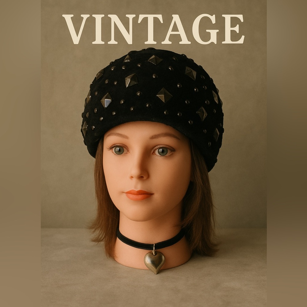 Vintage 1950s Studded Black Velvet Hat | Lilly Daché Dachettes | Rockabilly Mod